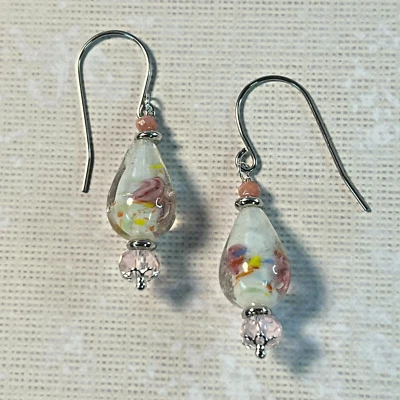 Silver Tone Lampwork Glass Teardrop Floral Dangle Earrings. Flowers. Roses. S145 - Image 1 of 4