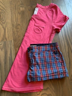 abercrombie girls short sleeve pink shirt & plaid cute stretch shorts set - Image 1 of 4