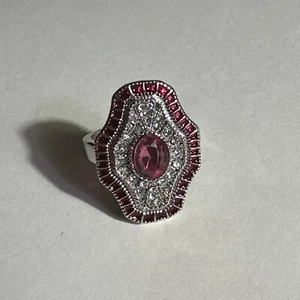 925 Ruby Red & Clear Stones Art Deco Ring - Size 10 - Picture 1 of 5