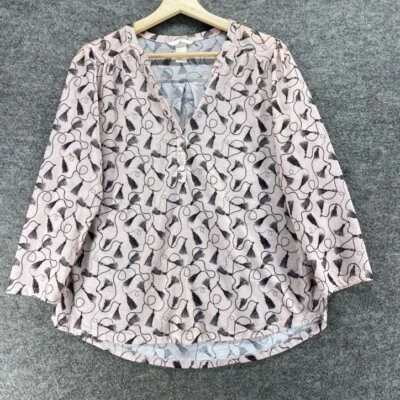 H&M Blouse Women M Medium Gray Geometric V-Neck Long Sleeve Pullover Casual - Image 1 of 4