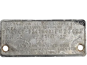 Vintage Cadillac Trim Tag Door Metal Cowl Plate Codes Tag Door Trim Color - Picture 1 of 6