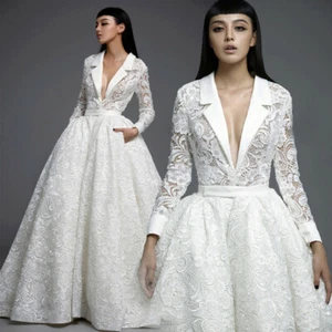 Wunderschönes Hochzeitskleid Spitze weiß/elfenbeinfarben Spitze A Linie langarm Empire Brautkleid - Bild 1 von 3