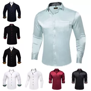 Mens Dress Silk Shirt Long Sleeve Red Blue Solid Floral Casual Button Down Top - Picture 1 of 52