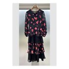 BELAIR Dramatic Black & Pink Floral Lace Tiered Long Dress Size 2 UK 10 / 12