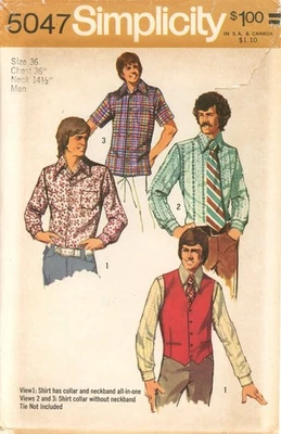 Simplicity 5047 Retro Button Down David Cassidy Shirt Sz 36 UNCUT Pattern - Image 1 of 4