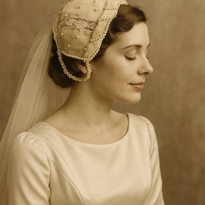 Sombrero Fascinador Nupcial Miss Lilian para Vogue Años 50, Encaje, Perlas Imitadas Foto 1 de 4