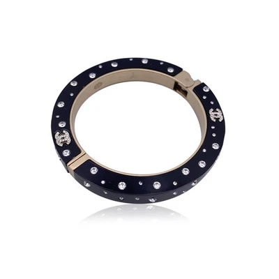 Authentic Chanel Black Resin Rhinestone Crystal CC Logo Cuff Bangle Bracelet - Image 1 of 4