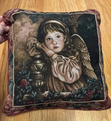 Donna Richardson Tapestry Throw Pillow 16”x16” Girl Angel Roses Christmas Decor - Image 1 of 4