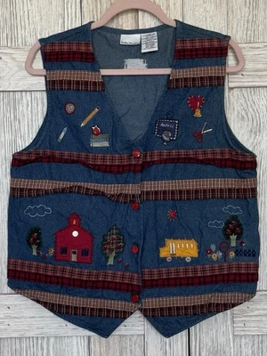 Bobbie Brooks背心女式M (8-10)牛仔学校刺绣苹果纽扣领带 — 第 1/4 张图片