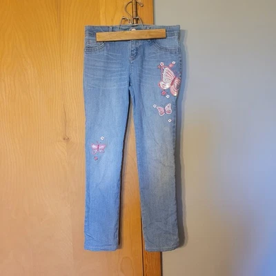 -LUGAR Niñas Bota Ajustada Talla 8 Jeans Denim, Cintura Ajustada Rosa Bordado Mariposa Foto 1 de 4