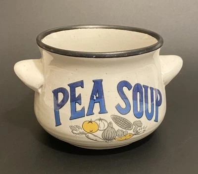 Винтажная миска/гороховый суп Crock Soup белый и синий с черной отделкой с ручками 3 дюйма - Изображение 1 из 4