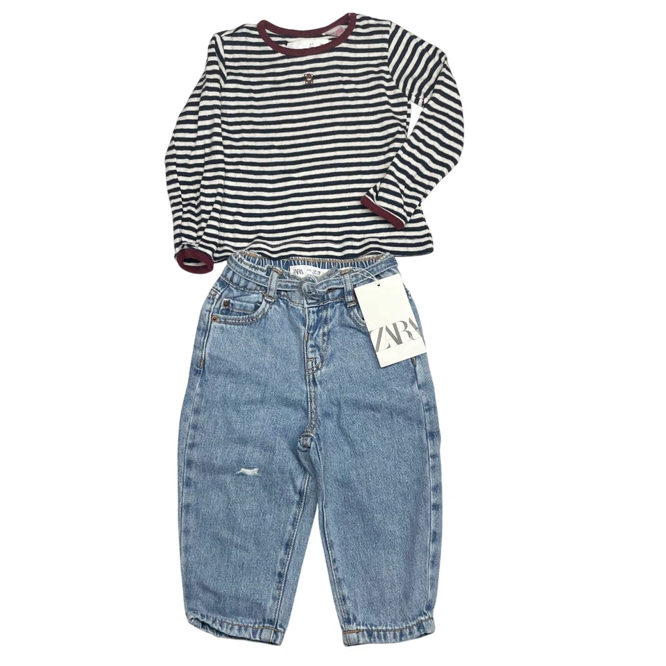 Zara 12-18 month Girls Pointelle Knit Long Sleeve Top + NWT Retro Jeans Bundle - Image 1 of 4