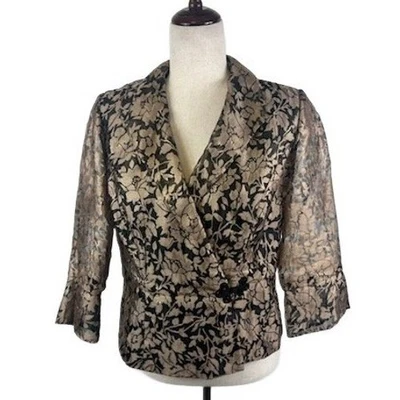 Elegant Alex Evenings Gold Foil Floral Lace Party Jacket Blazer Size Small - Image 1 of 4