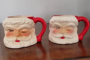 Vintage Winking Santa Claus Mugs Cups Rhinestone Blue Eye MCM Japan Lot of 2 - Picture 1 of 16