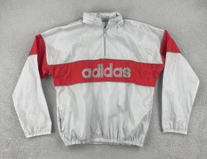 Vintage Adidas 90s Medium Gray Windbreaker Big Logo Spell Out Stowaway Hood EUC - Picture 1 of 23