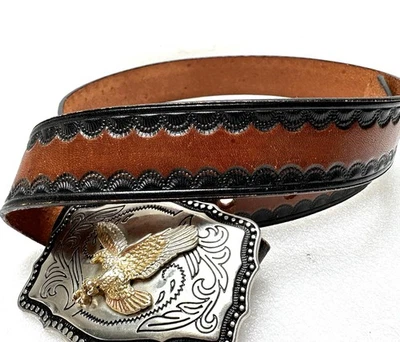 VTG  70s BALD EAGLE LEATHER TOOLED BELT & BUCKLEY WESTERN COWBOY WAIST 30”-34” - Image 1 of 4