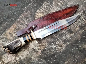 Premium Handarbeit J2 Stahl Jagd Bowie Messer Krone Hirschgeweih Griff - Bild 1 von 14