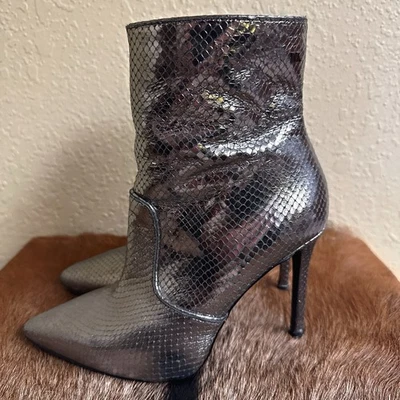 Michael Kors $225 Blaine 7 Silver Metallic Snake Embossed Leather Ankle Boot - Image 1 of 4