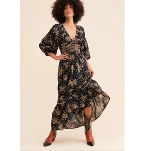 Free People Maxi Dress Large Golden Hour Black Floral Boho Long Witchy Charmed - Picture 1 of 12
