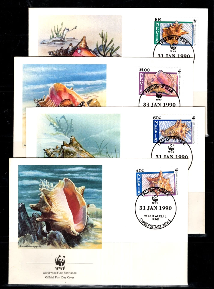 Nevis 591-593 usado cuatro cubiertas FDC WWF carcasas caracola COMPARAR Foto 1 de 1