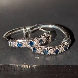 14k Small Blue Sapphire White Gold Hoop Earrings 4g - Picture 1 of 5