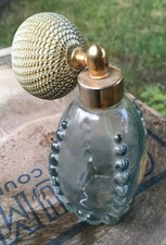 Vintage 4" glass Perfume bottle w Atomizer brass Blue color unique shape