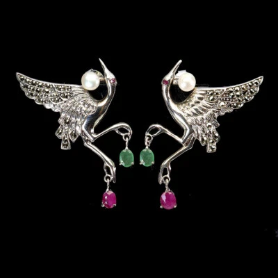 925 Sterling Silver Earrings Oval Ruby Emerald Pearl Natural Gemstone Jewelry - Image 1 of 4