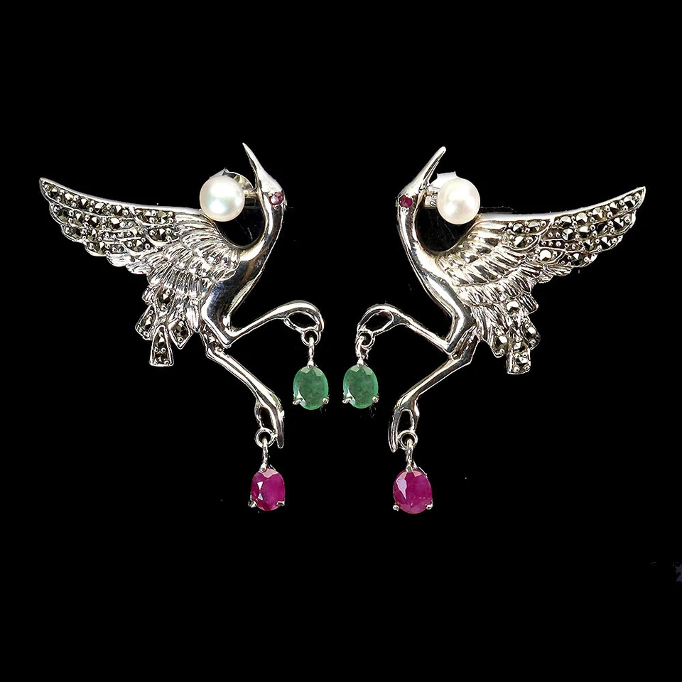 925 Sterling Silver Earrings Oval Ruby Emerald Pearl Natural Gemstone Jewelry - Image 1 of 4