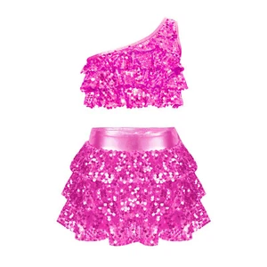 Kids Girls Crop Tops Skirts Set Latin Vests with Skirts Tiered Dance Outfits - Picture 1 of 75
