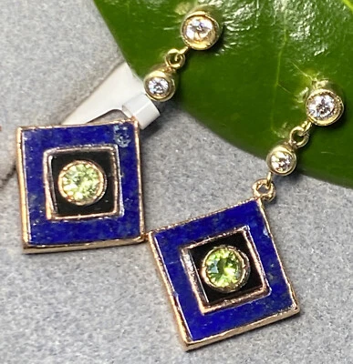 Vintage Diamond Earrings Peridot Lapis Lazuli Estate Fine Jewelry Pre-Owned 14K - Image 1 of 4