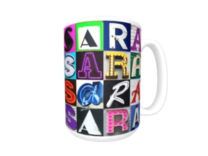 SARA Kaffeebecher / Tasse mit dem Namen auf Fotos von Zeichenbuchstaben - Bild 1 von 3
