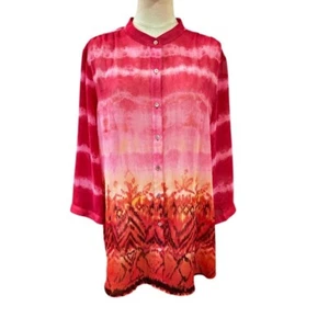 Chicos Sheer Button Up Shirt Top Tunic Size 3 XL 16 Pink Orange Tie Dyed Artsy - Picture 1 of 10