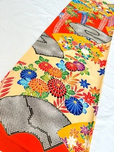 Vintage Kimono Fabric Picked From Furisode 43”x14” Multi Color Base v415 - Picture 1 of 10