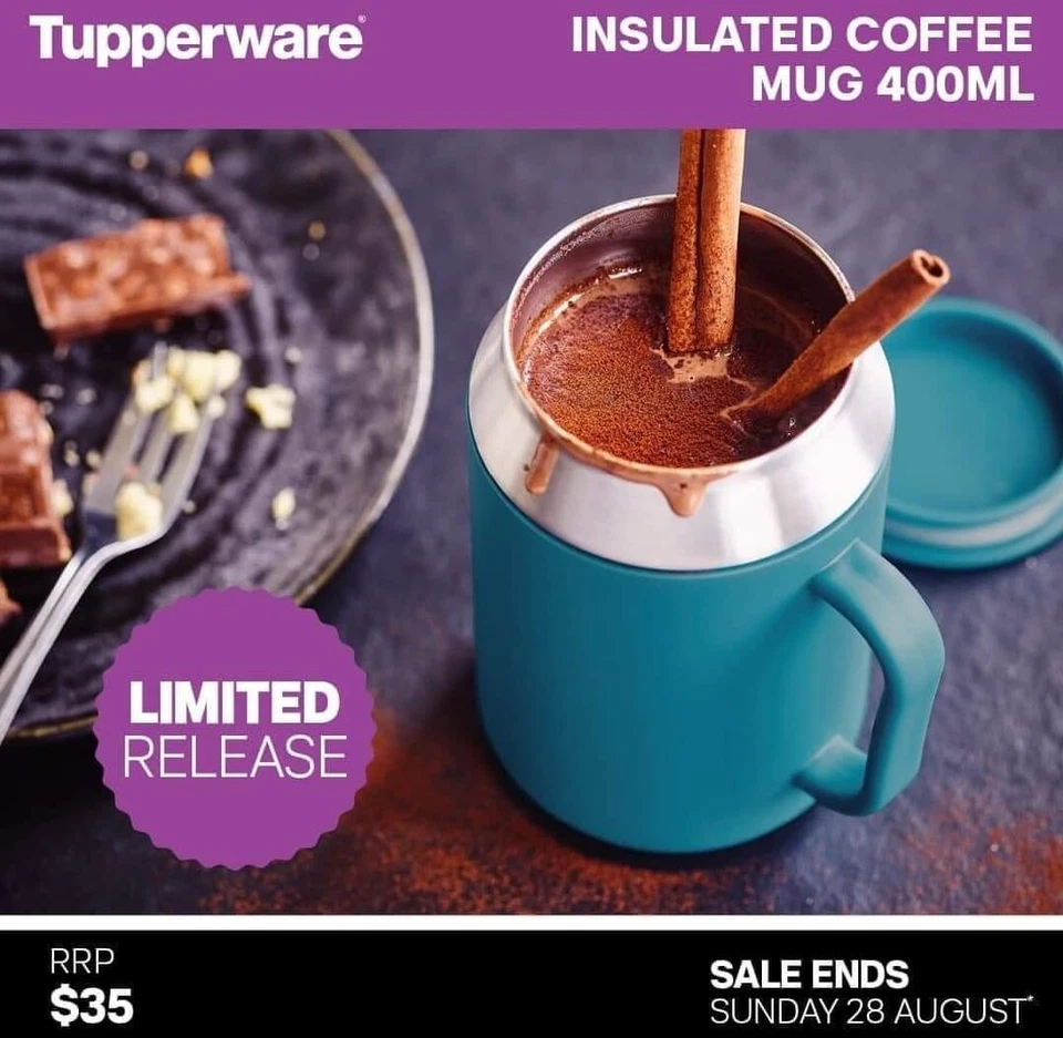 NEW Tupperware 400ml Insulated Coffee Mug Cup with Handle Peacock Blue - Image 1 of 1