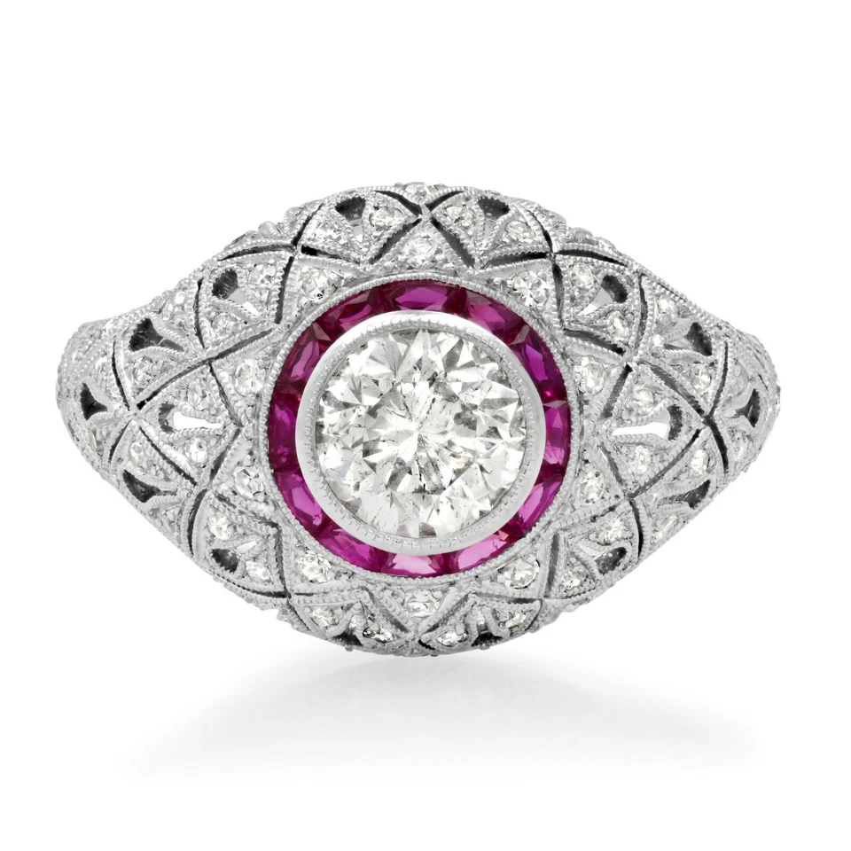 Platinum Diamond Ruby Ring Art Deco Inspired Natural 1.74 TCW - Image 1 of 1