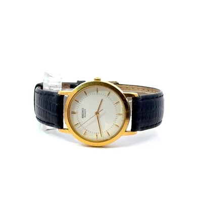 Seiko 5Y95-6099 Gold Tone White Dial Black Leather Quartz Mens Watch - Image 1 of 4