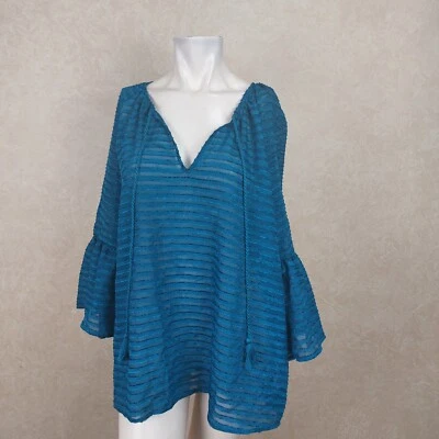 Kensie Nuevo Top Mujer Rayas Manga Volantes Transparente Azul Teal Talla XL _ NUEVO CON ETIQUETAS B10F4 Foto 1 de 4
