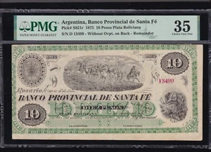 Argentina 1875 10 Peso Banco de Santa Fe Pick#S821r PMG 35 VF (499) - Picture 1 of 2