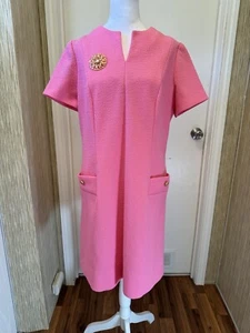Vintage 60’s Home Sewn Pink Polyester Dress Zip Up Gold Tone Broach 40”B 36W 38L - Picture 1 of 12