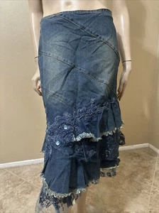 Women’s Blue Denim Cotton Casual Stretch Boho Beaded Zip Size M(6-8) Skirt 3369 - Picture 1 of 23