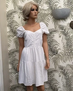 House of Harlow 1960 Linen Puff Sleeve Smocked Babydoll Mini Dress Off White S - Picture 1 of 10