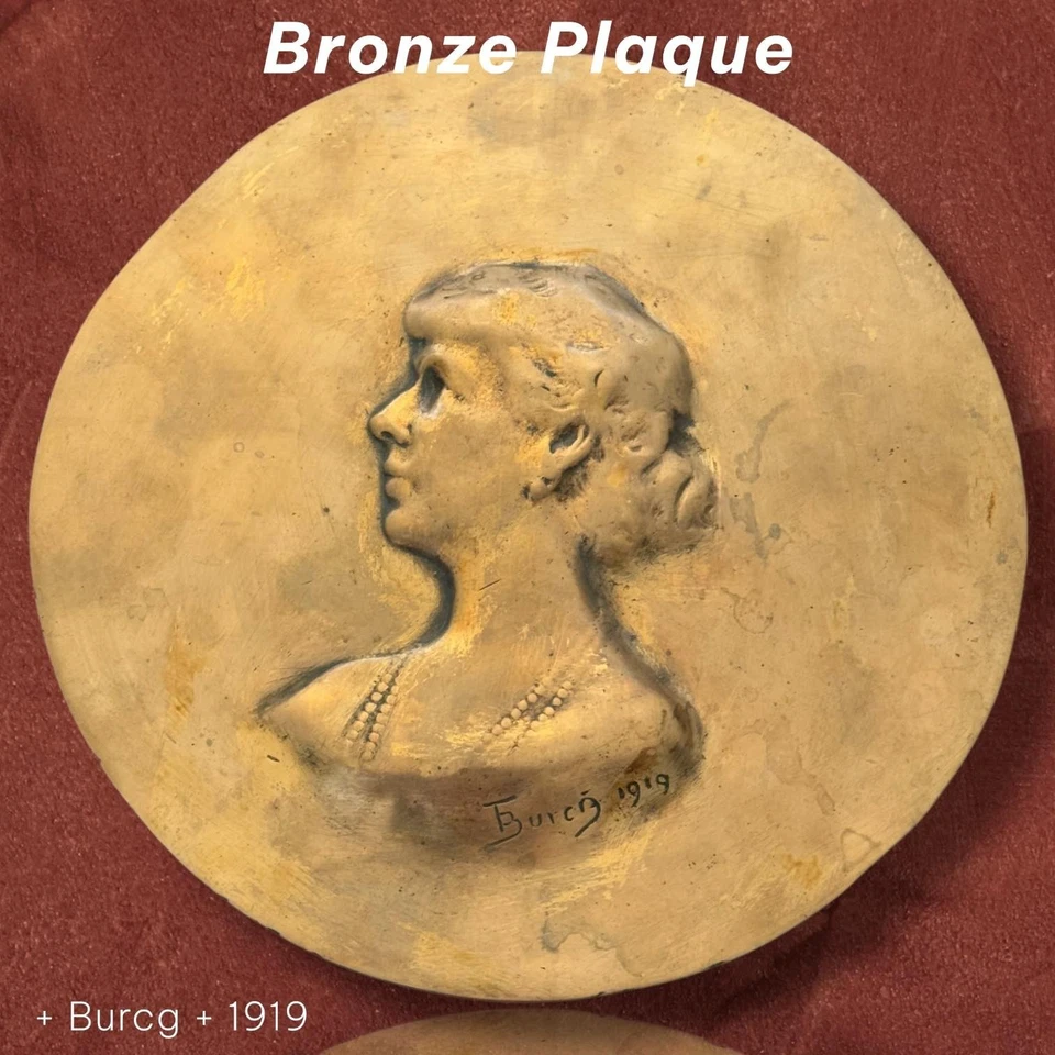 Antique Plaque Bronze Portrait Head Bas-Relief Burcg Art Decor Women Sculpture - Image 1 of 4