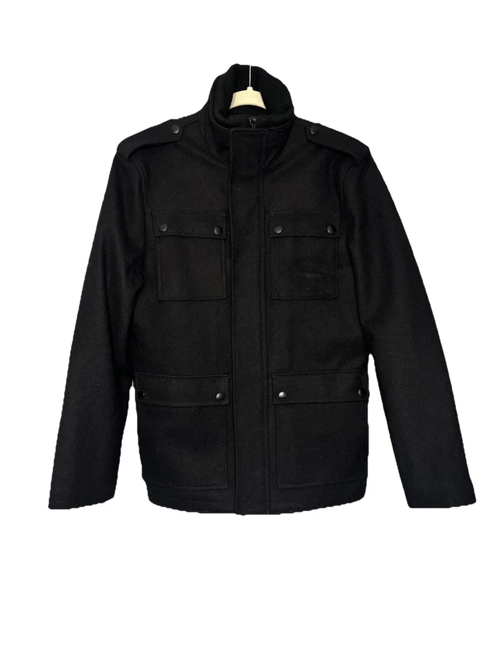 Abrigo Express Hombre Mezcla Lana Estilo Militar en Negro, Talla Mediana Foto 1 de 4