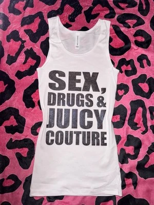 Camiseta sin mangas brillante "Sexo, Drugz, Jugosa" Y2K años 2000 McBling vintage hecha a mano Foto 1 de 3