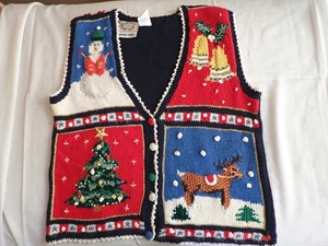 Vintage Hand Knit Erika Christmas Ugly Sweater Vest Size M Snowman Deer - Picture 1 of 7