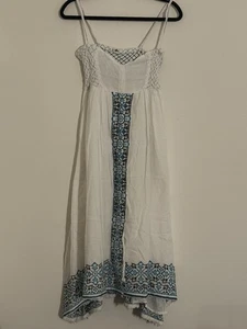 Roxy White 100% Cotton Open Front Smocked Peasant Sundress Blue Cross Stitch - Picture 1 of 11