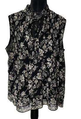 Blusa Top Max Studio Negra Floral Sin Mangas Cuello Atado Plisado Talla L Foto 1 de 4