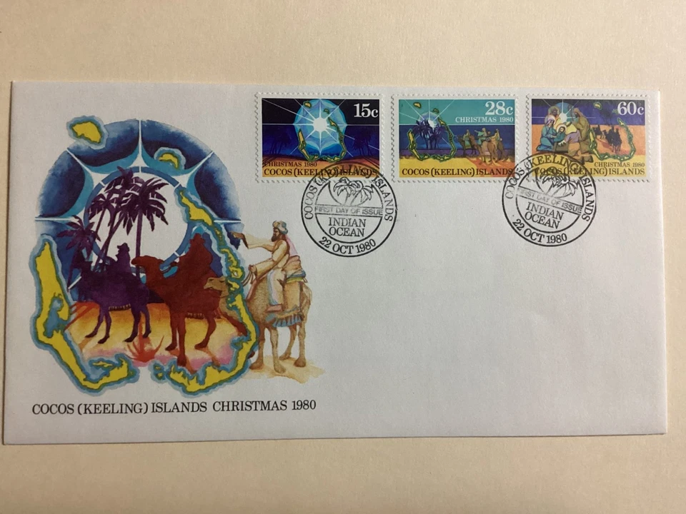 FDC  Cocos (Keeling) Islands Christmas 1980, 22Oct1980, 15c,28c,60c - Image 1 of 1