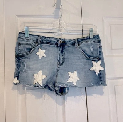 🌹 Pantalones Cortos Denim Vintage Azul Habana Envejecido con Estrellas Blancas - 4/27 Foto 1 de 4