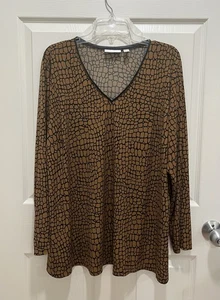 SUSAN GRAVER Liquid Knit Tunic Top Women Size 2X Brown Black Faux Leather Trim - Picture 1 of 7
